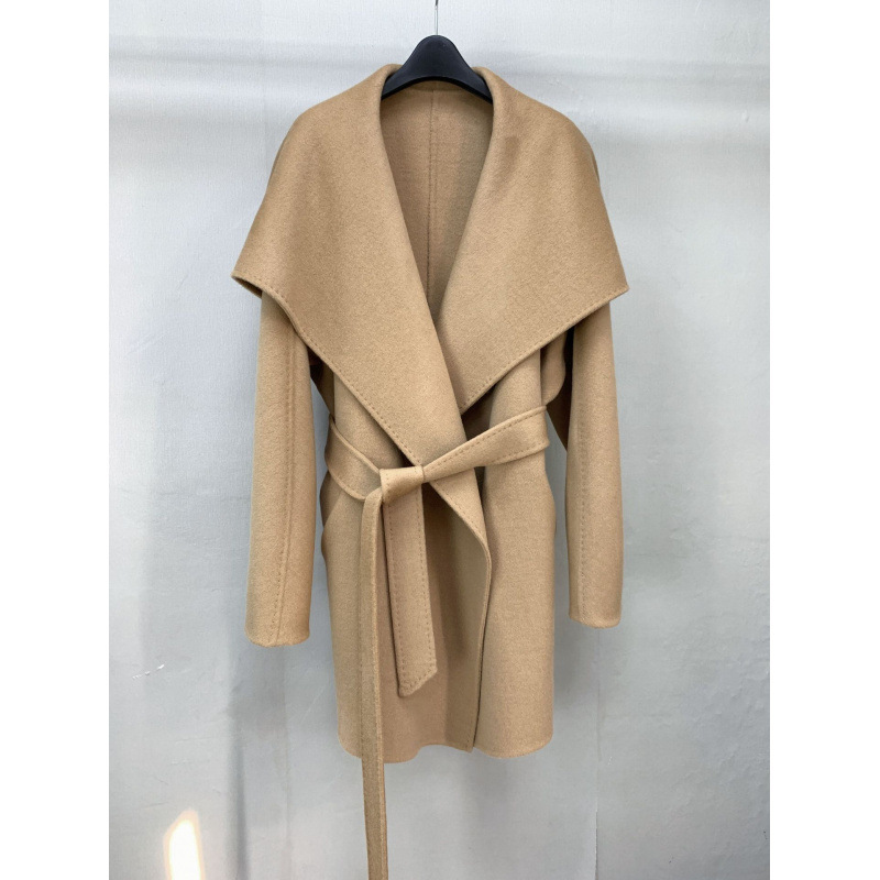 Mid-Length Camel Color Home Large Lapel Lace-Up Beaded Autumn and Winter Style Women's Double-Sided Woolen Coat