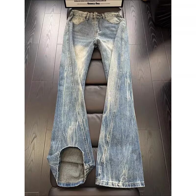 Men's Clothing Trendy Retro Style Washed Denim Jeans Slanted Cut Straight Leg Slim Fit Slightly Flared Curved Trousers Crackled Lightning Pattern_mkmklike.com
