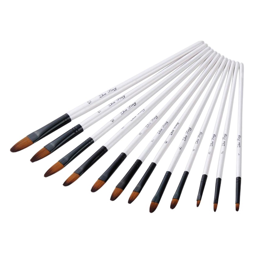 12 piezas de varilla blanca lengua delantera oblicua delantera de dos colores de nylon cepillo de Aceite de Pelo acuarela pintura conjunto de la pluma pintura del arte