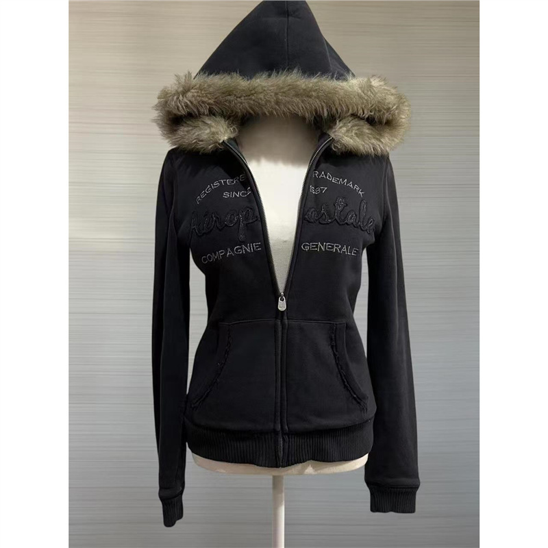 American Retro Vintage Vintage White Letter Fur Collar Hooded Sweatshirt Autumn and Winter Zipper Top Fleece-Lined Jacket