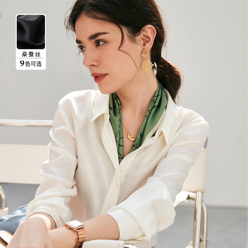White Silk Blouse for Women, Fashionable Outerwear, 2026 New Spring/Summer Thin Mulberry Silk Turn-Down Collar Long-Sleeve Shirt