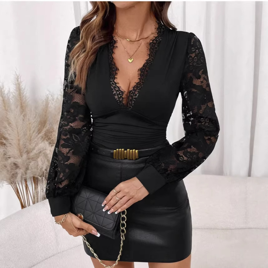 Independent Site Wish Amazon Hot-Selling Item: Autumn Long-Sleeve Sexy V-Neck Lace Patchwork Shirt for Women