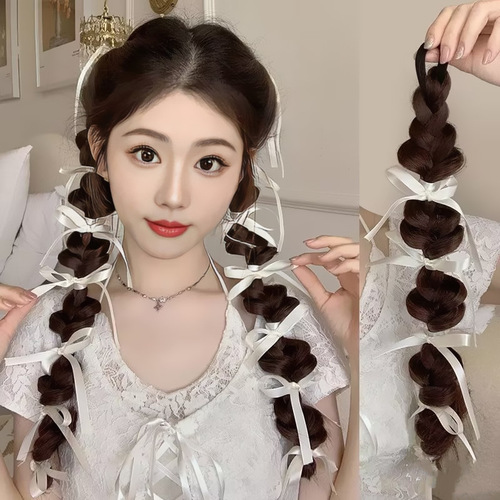 Live-streamed sales: Women's faux hair with ribbons, braided styles, bubble twists, ombre highlights, lantern-style pigtails, and double ponytails—realistic synthetic hair extensions