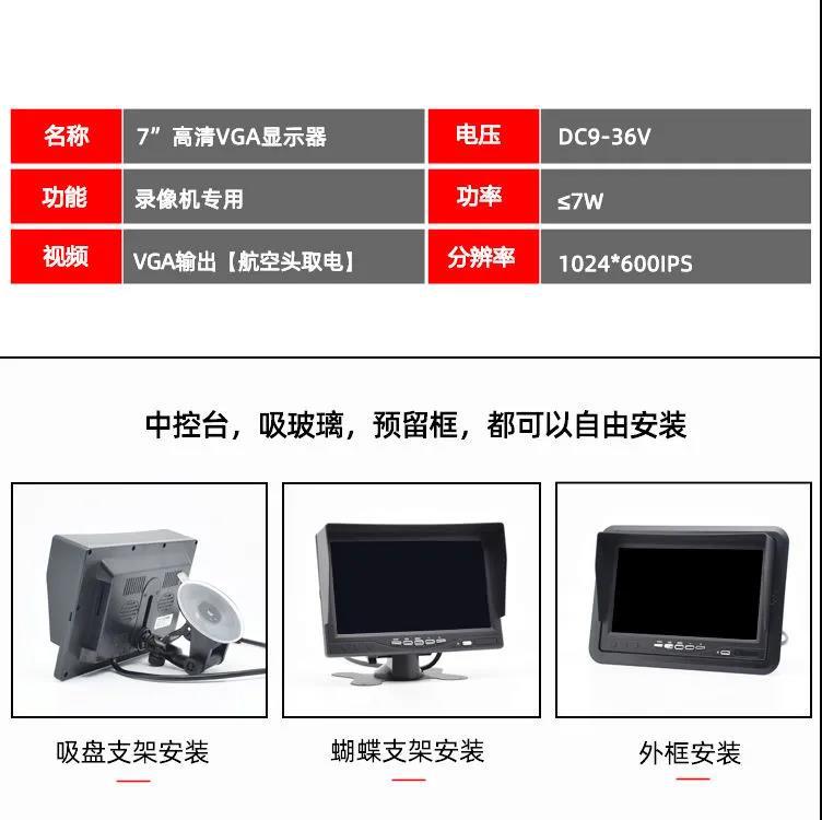 Vehicle-mounted 7inch vertical display monitor with aviation+VGA interface, four-channel monitoring display for trucks, high-definition reversing image
