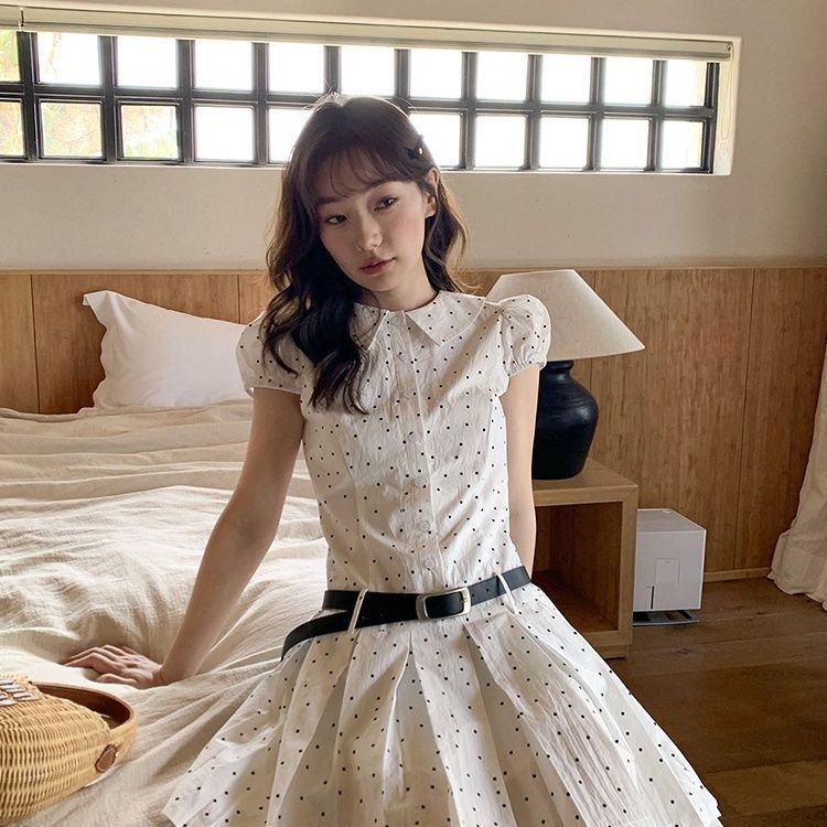 French-Style Polka Dot Puff Sleeve Waist-Cinching Pleated Dress for Women, Niche Summer Affordable Turn-Down Collar Elegant A-Line Short Dress