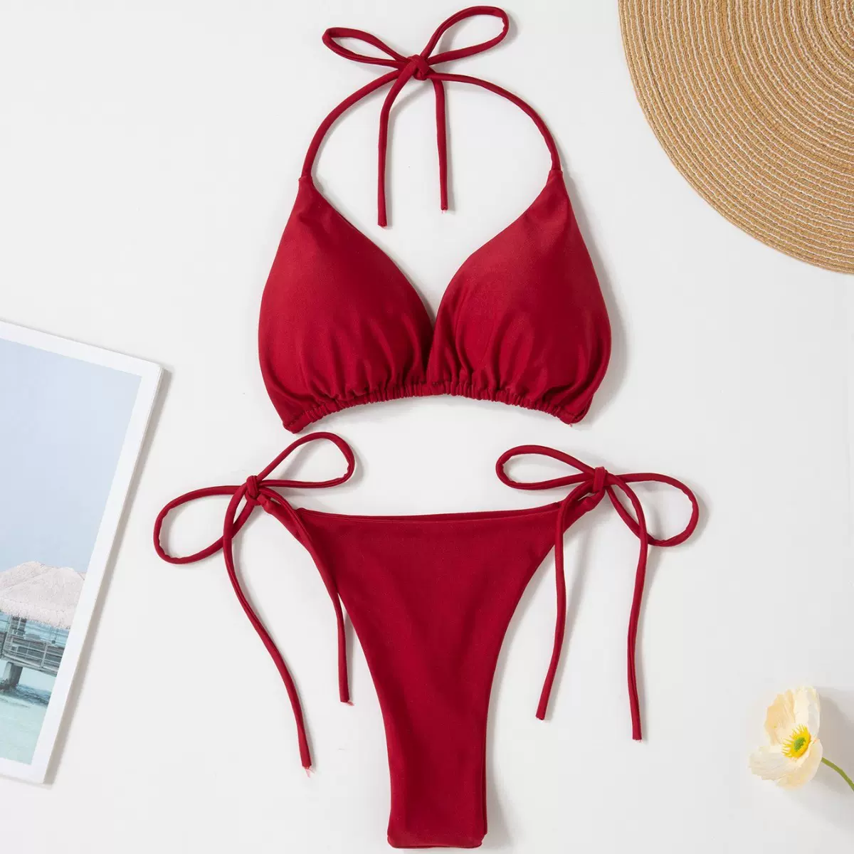 新款欧美纯色性感系绳辣妹气质女士时尚比基尼泳装分体紧身