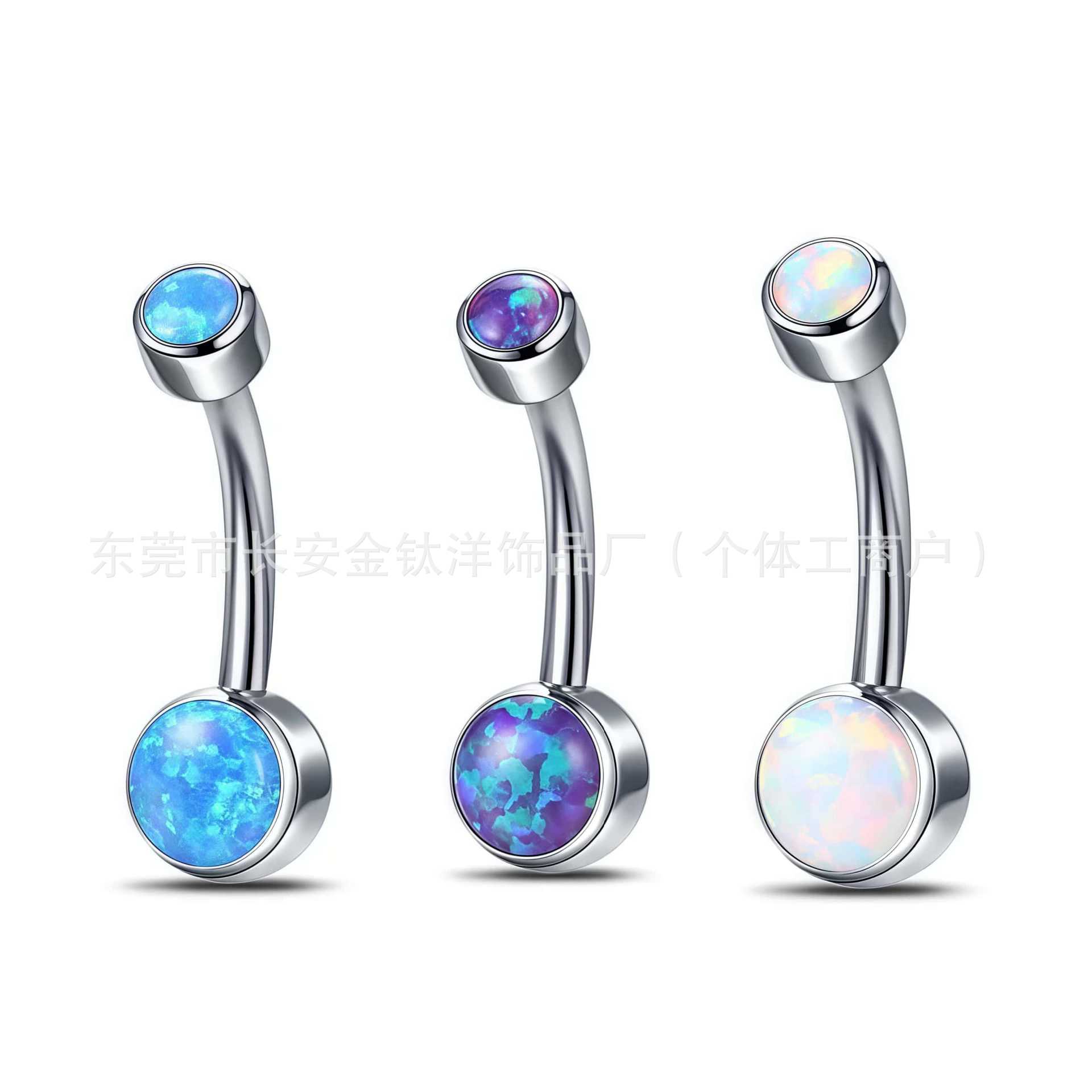 F136 Titanium Opal Inlaid Cylindrical Navel Ring - Internal Thread Belly Ring detail image 8