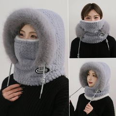 保暖帽子女围巾一体手套冬季加绒套头帽骑行防风帽 雷锋帽东北加