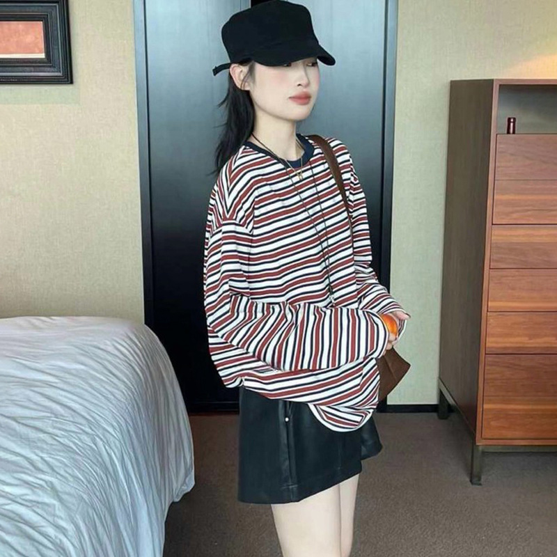 LEENKU秋季新款洗水棉宽松上衣复古风洋气时髦撞色条纹长袖T恤女|undefined