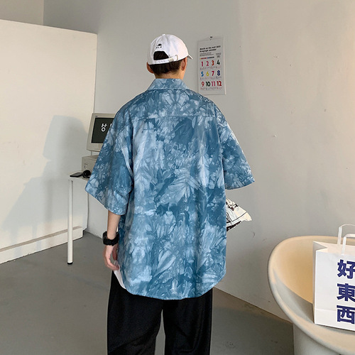 Thin Hawaiian Shirt for Men, Summer Trendy Loose Top with Design Sensibility, Tie-Dye Short-Sleeve Floral Shirt Jacket