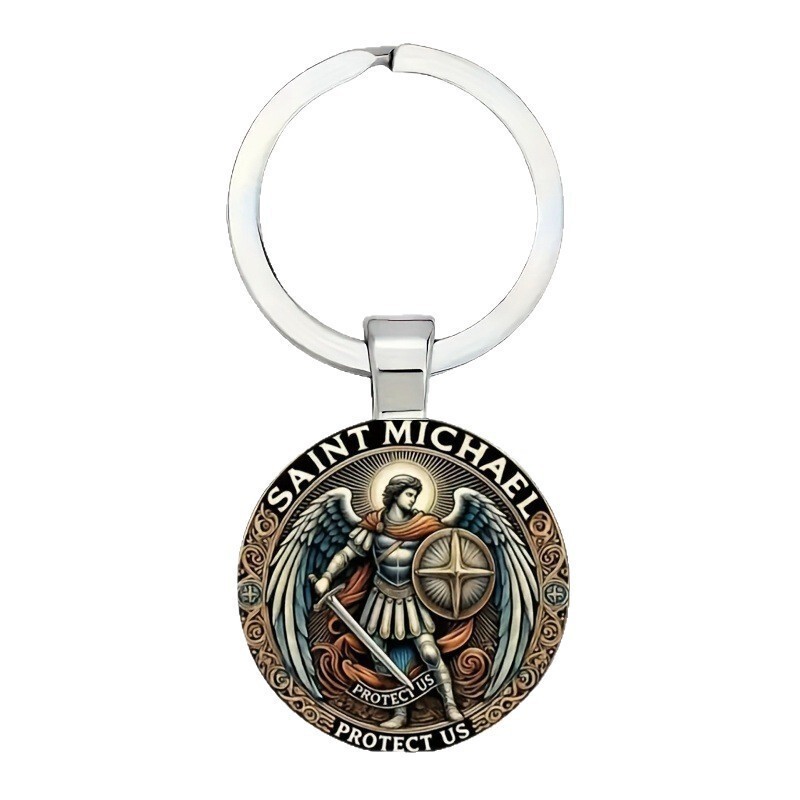 Cross-Border Fashion Saint Michael Defender Glass Men's Alloy Round Keychain Anniversary Gift Jewelry Wholesale