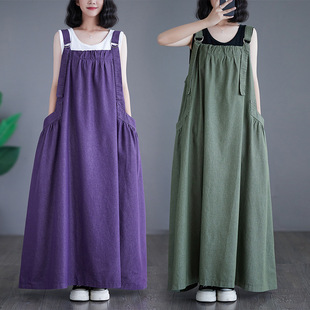 Spring, summer and autumn fashion long dress solid color retro loose slimming Denim suspender dress women's long large swing suspender dress