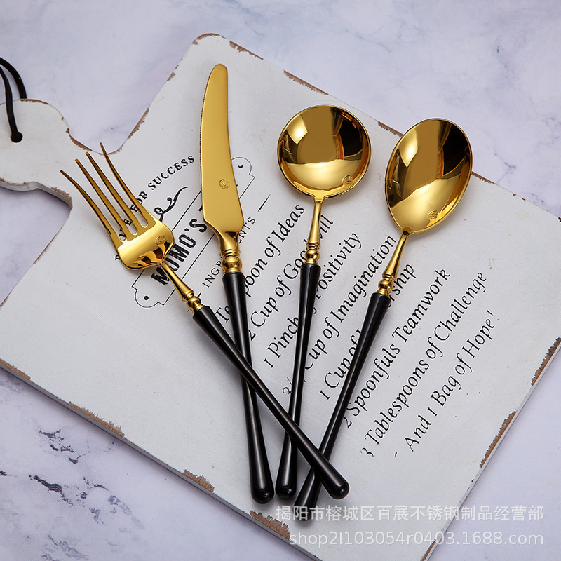 Holy Fire stainless steel 304 knife, fork and spoon three-piece set suit steak Western tableware black gold knife and fork suit soup spoon
