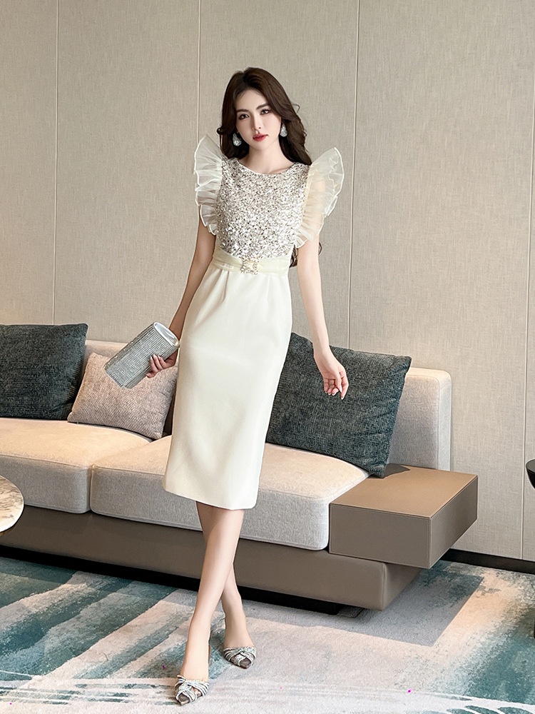 Đầm dự tiệc nữ tay bồng đính sequin ôm eo bodycon — Màu vàng kim