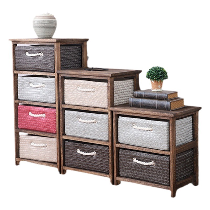 Korean-style pastoral drawer storage cabinet creative color wooden rattan bedside cabinet small TV cabinet