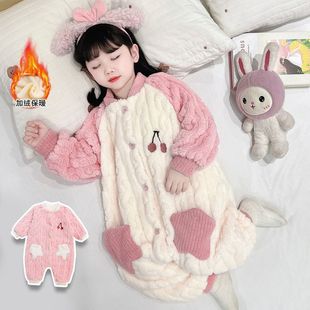 Children's one-part pajamas girls winter coral fleece climbing suit new double-layer fleece-lined thick girl baby home clothes