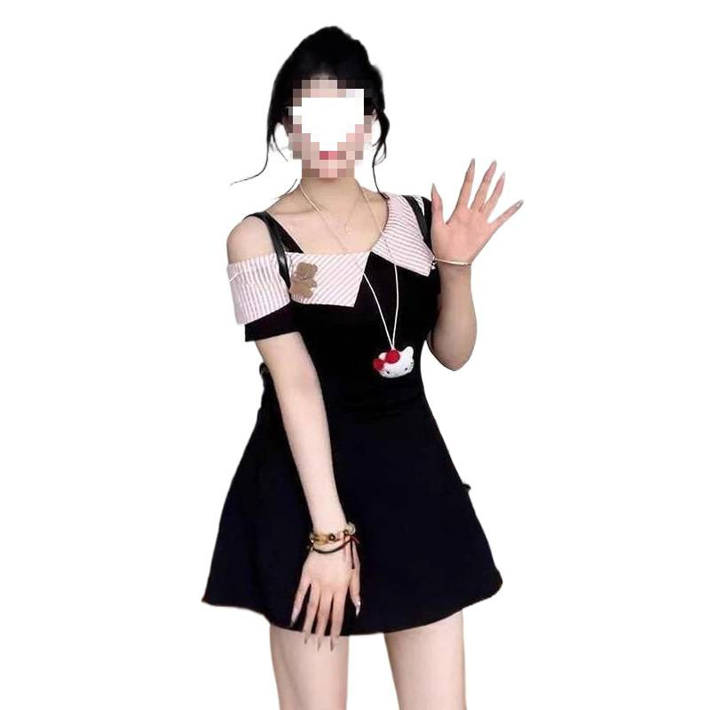 法式气质连衣裙女2025夏季新款显瘦收腰翻领露肩高级感长裙|undefined