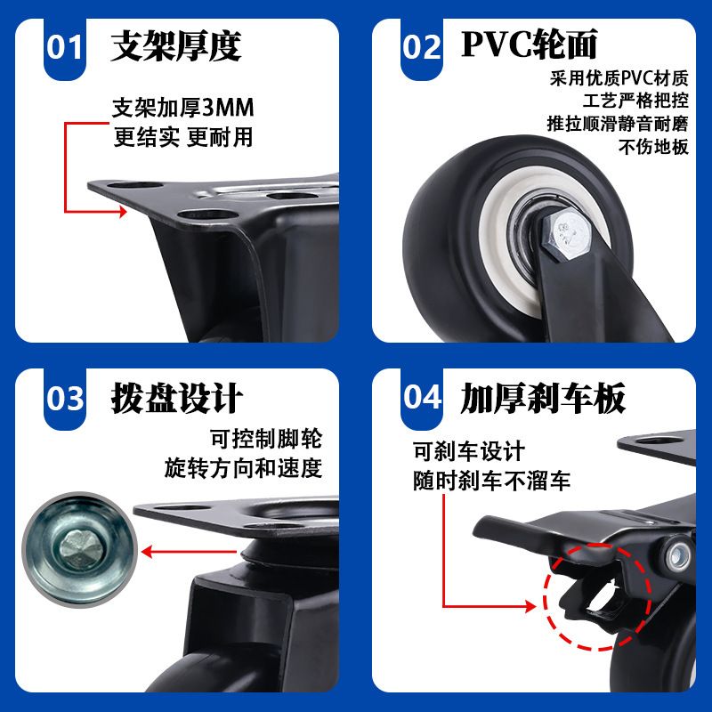 メーカー卸売 1.5 2inch ゴールドダイヤモンドブラック工業用キャスター平底方向性ローリングプーリーブレーキユニバーサルホイール|undefined