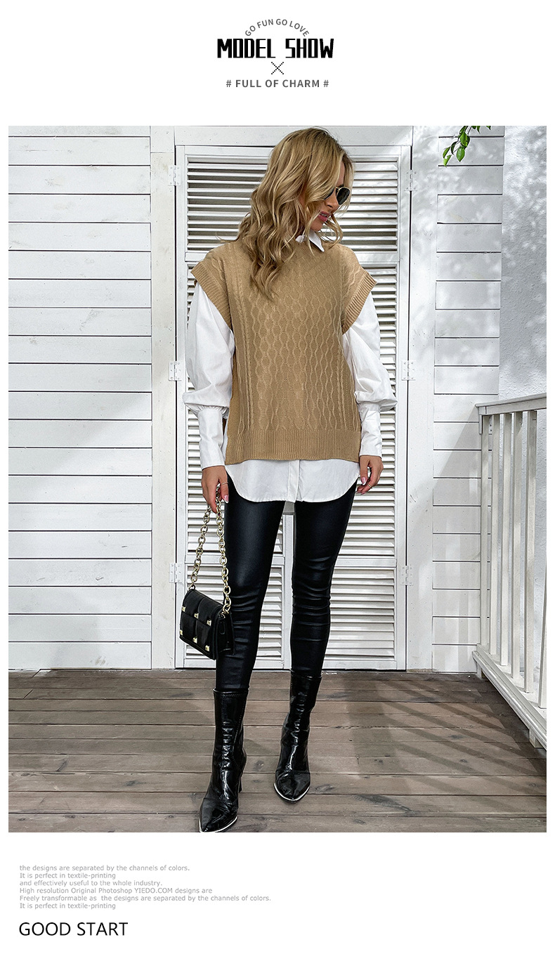 Solid Color Loose Twist Knitted Waistcoat_voghion.com