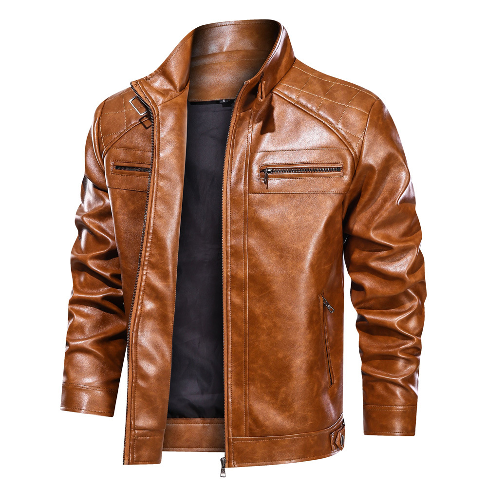 Herren Casual PU Stehkragen einfache trendige vielseitige kurze Lederjacke für Frühling und Herbst tragen europäische_voghion.com