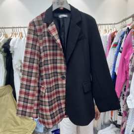红色格子拼接西装外套女2025秋季设计感气质时尚宽松西服上衣