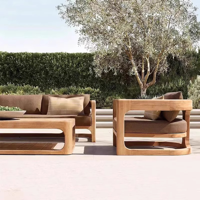 Teca al aire libre sofá jardín terraza patio impermeable al aire libre madera anticorrosiva hotel exteriores mesa de té combinación de muebles