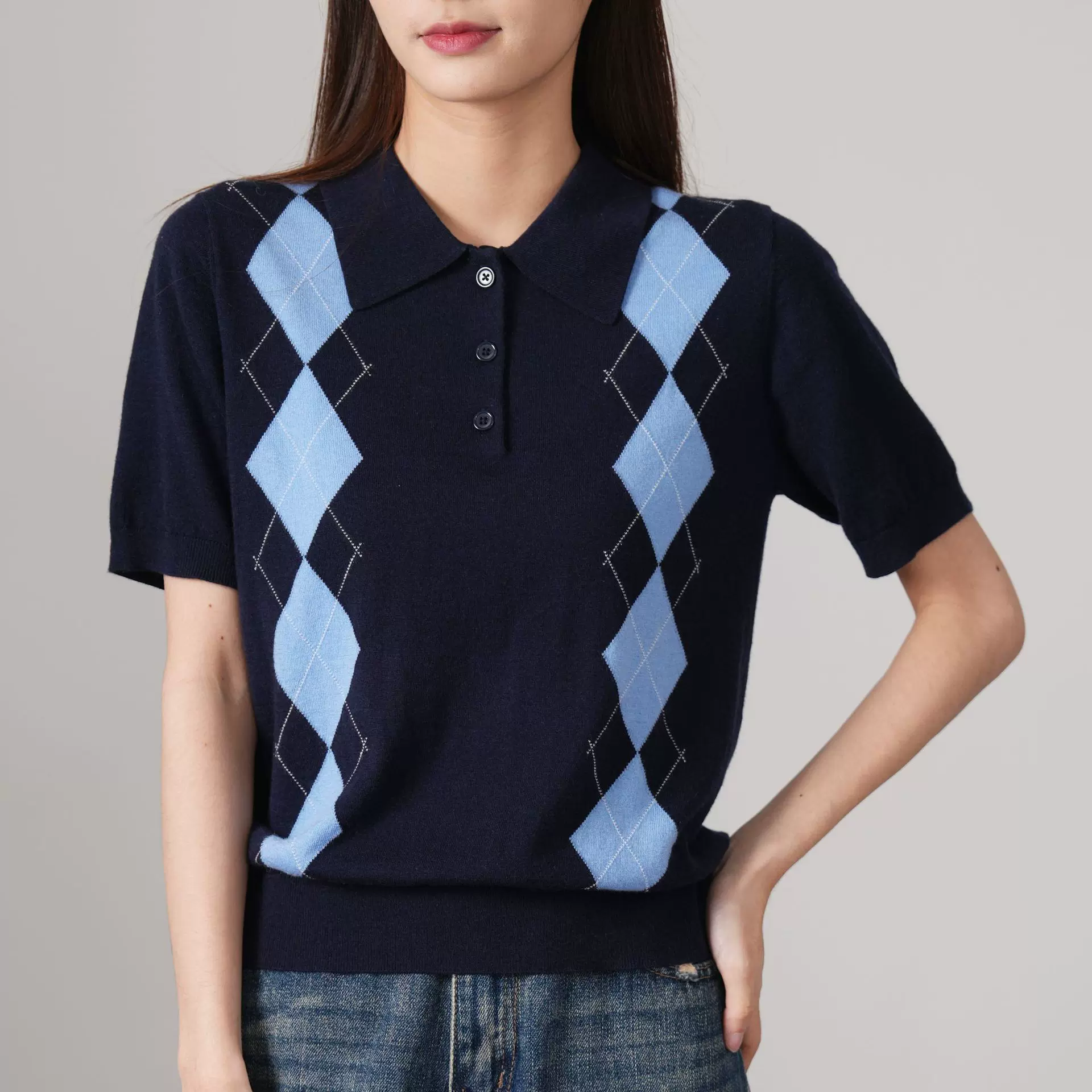 26春夏新款复古菱形格POLO领短袖针织衫学院风撞色T恤上衣女22869