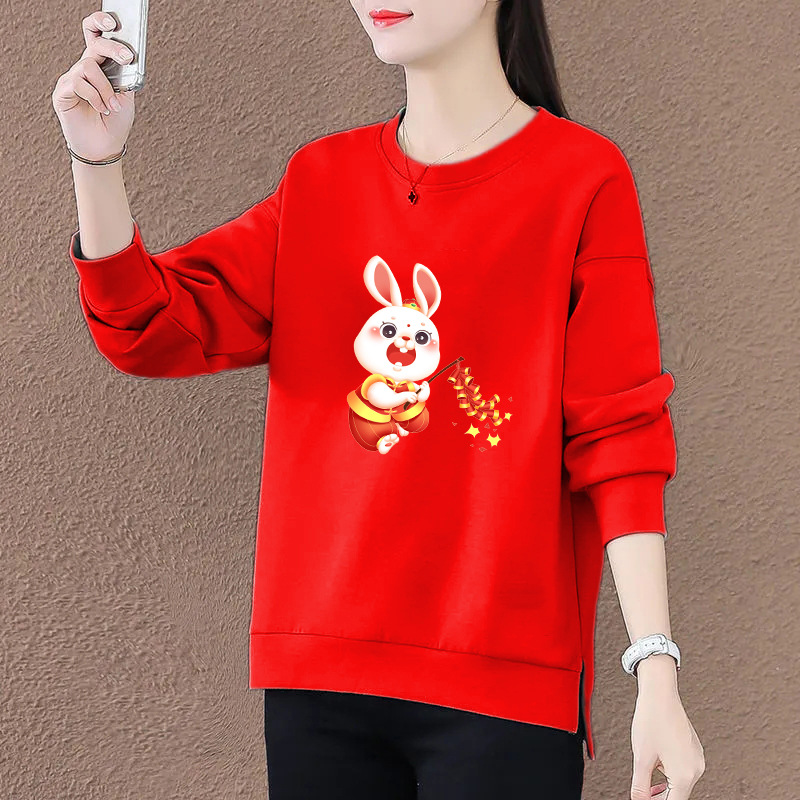 2023兔年喜庆鞭炮兔子圆领长袖女士卫衣 开叉不规则印花纯棉外套|ru