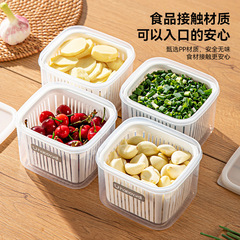 台所のネギとショウガのニンニクの収納箱の冷蔵庫のネギの花の小さい材料の新鮮な箱の四角形の予備の野菜の箱は蓋を持って水のニンニクの生姜を切ります。