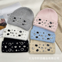水钻兔毛毛线帽女秋冬季白色大头围针织帽子韩版显脸小毛线帽冷帽