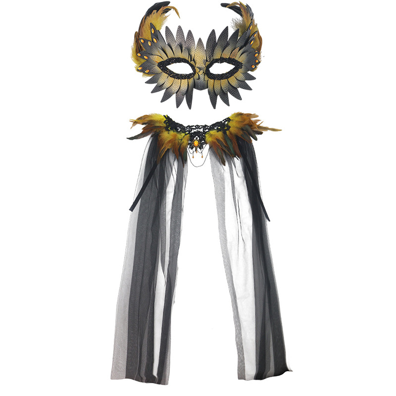 Halloween nuevo estilo gótico pluma encaje decoración chal de cuero pluma máscara de diamante COS accesorios de vestir