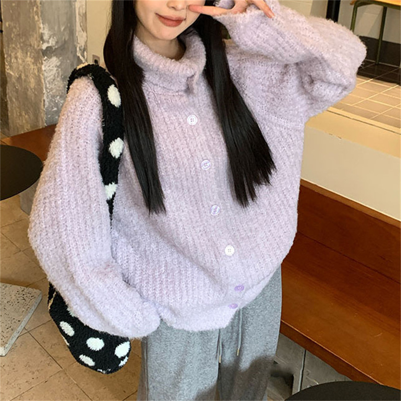 软糯复古紫色高领毛衣外套女秋冬新款慵懒风宽松气质针织开衫上衣|undefined