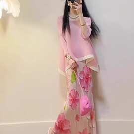扎染绝美半身裙中长裙2026女夏开叉感显瘦a字法式印花百褶裙