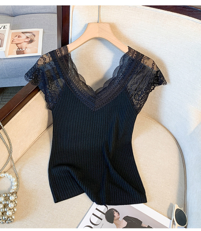 ニットトップス レディース 夏 気質 レース Vネック ストレッチ スリムフィット インナー アウター 半袖Tシャツ ベースレイヤー ニットトップス|undefined