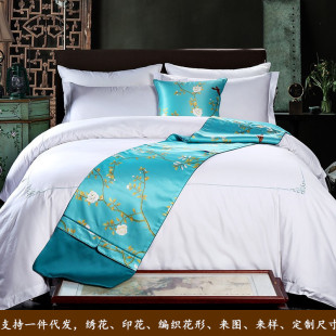 New Chinese Style Flower and Bird Satin Hotel Bed End Flag Homestay Bed Flag Model Room Villa Bed Cover Cloth Household Bed Decoration
