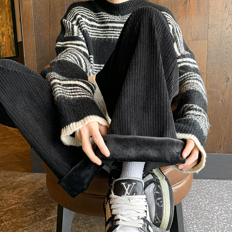 Corduroy long extra large fleece demi-season trousers