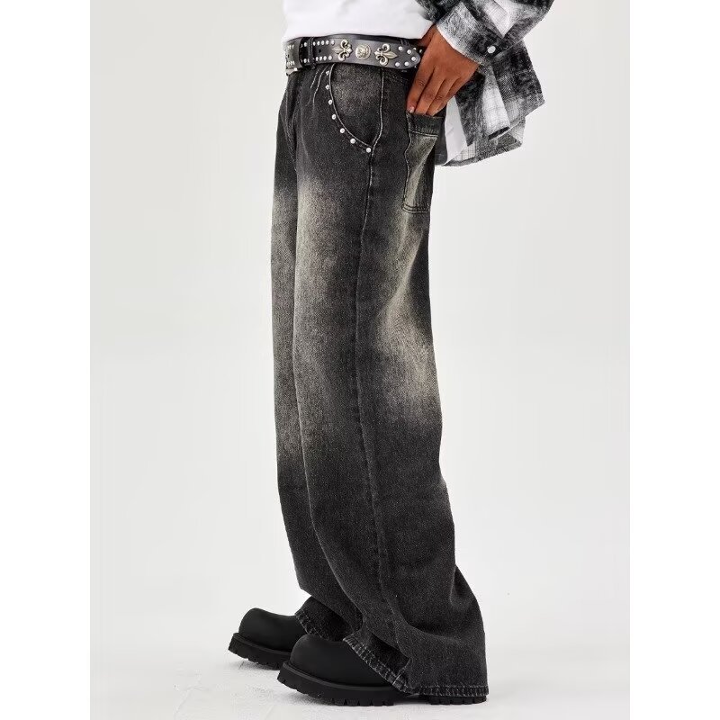 Men's Clothing retro high end rivet design washed black jeans distressed versatile loose wide leg trousers for men_ipsvogv.com