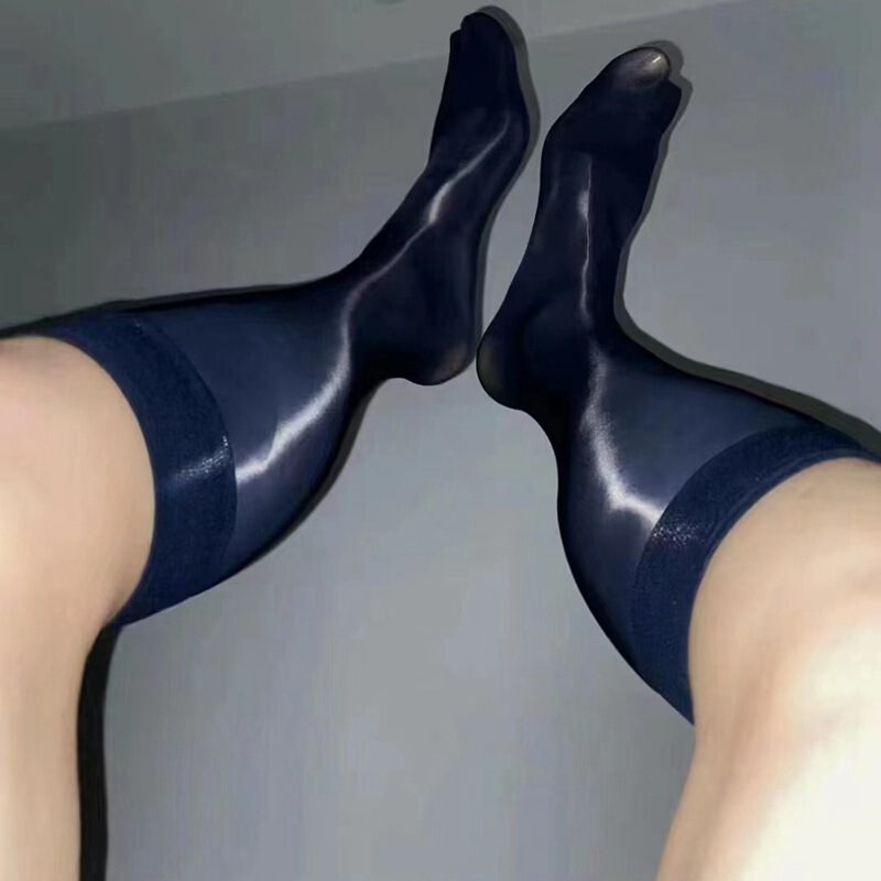 Japanese Men's Silk Stockings, Horse Oil Mid-Calf Socks, Black Navy Blue Gold Toe Nylon Mid-High Casual Versatile Men's Sexy Fun