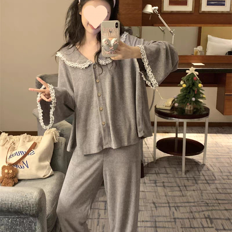 レースガーリースタイルフレンチパジャマ女性のための春と秋の新しいネットレッド無地カーディガン甘いホームウェアセット|undefined