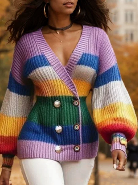 2025 European and American Cross-Border Women's Clothing New Models Aliexpress Amazon Temu Hot-Selling Multi-Color Striped Color-Blocking Cardigan Sweater