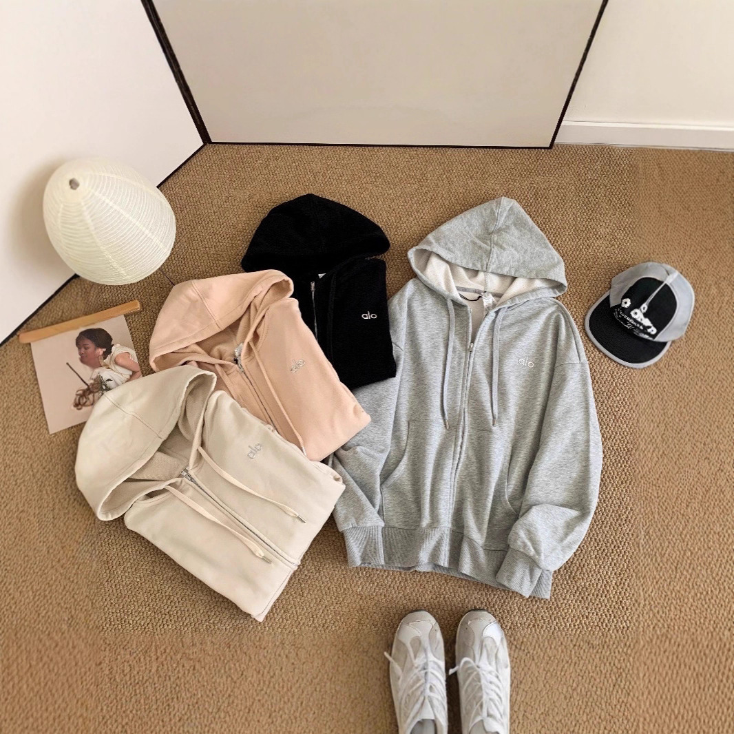 Spot Alo Spring and Autumn Yoga Sports Casual Loose Zipper Women's Hooded Easiest for Match Sweater Cardigan Couple Jacket