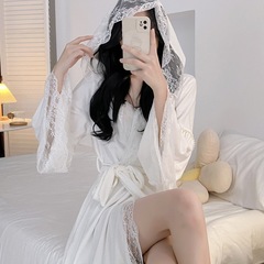 2025秋冬新款舒适柔软海岛绒女士连帽蕾丝花边睡袍浴袍家居服时尚