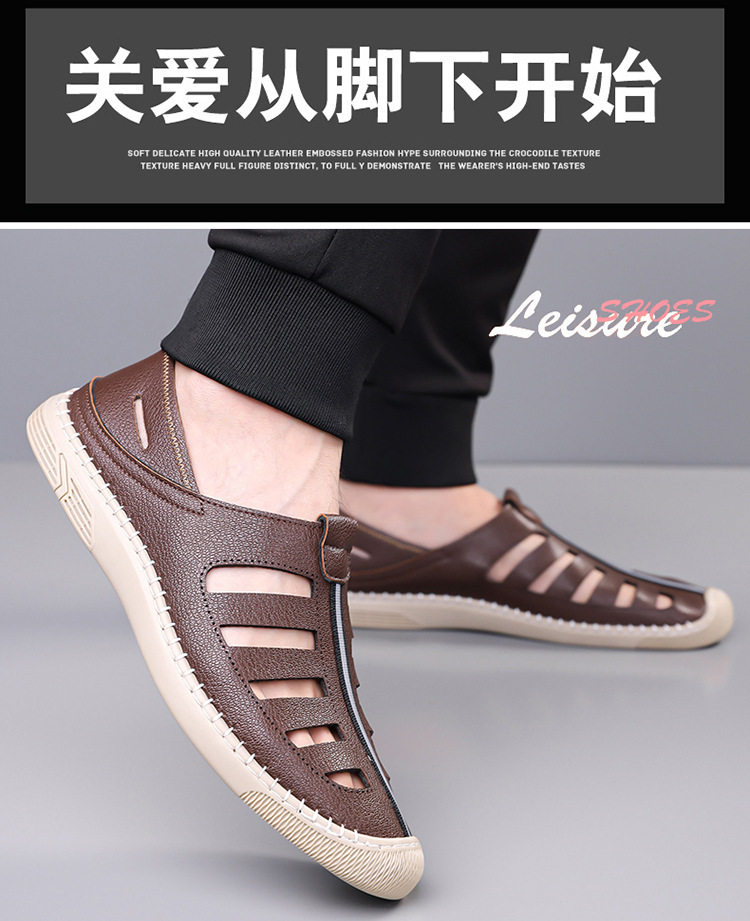 Giày lười sandal nam thoáng khí khoét lỗ, mũi tròn, đế cao su chống trượt — Màu nâu, màu đen chi tiết 11