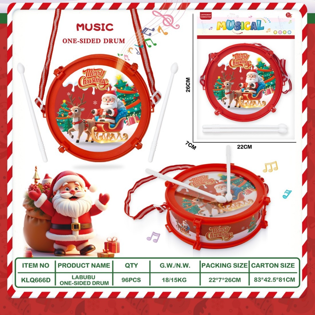 Children's Christmas Drum Single-Sided Drum Percussion Baby Drum Rattle Hand-Held Toy Early Education Educational Wholesale Music