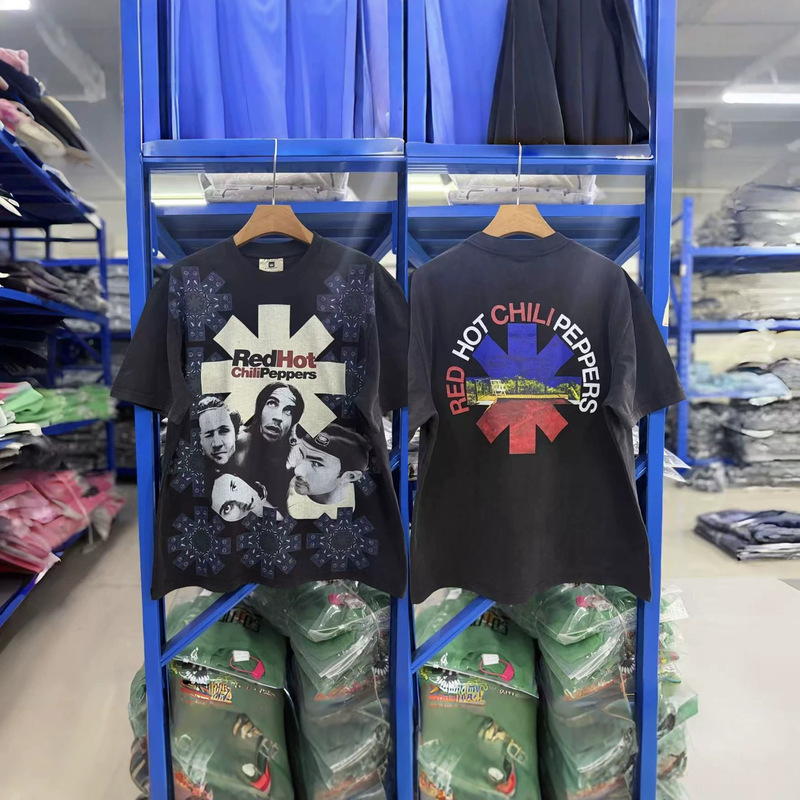 Red Hot Chili Peppers Band Merchandise: Vintage Washed Short-Sleeve T-Shirt with Album Print from the Wave Period Red Hot Chili Peppers Band Merchandise: Vintage Washed Short-Sleeve T-Shirt with Album Print from the Wave Period