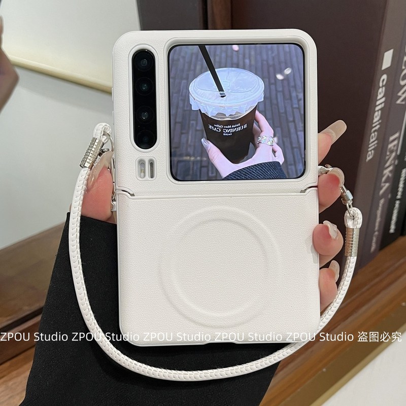 适用华为PuraX典藏折叠p50pocket2手机壳护轴皮质高级白磁吸支架MagicVFlip斜挎绳小米MIXFlip2三星ZFlip765|undefined