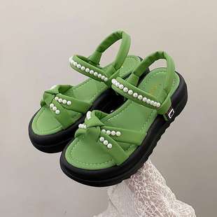 Sandals for Women Summer Outer Wear 2025 New Fairy Style Thick-Soled Fashion Open-Toe Pearls with Skirt Roman Beach Shoes
