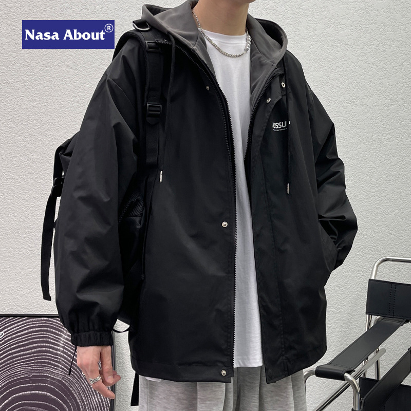 NASA Fake Two-piece Coat Men's Spring and Autumn Handsome All-match Hooded Jacket Boys Autumn Coat Teenagers Top Clothes