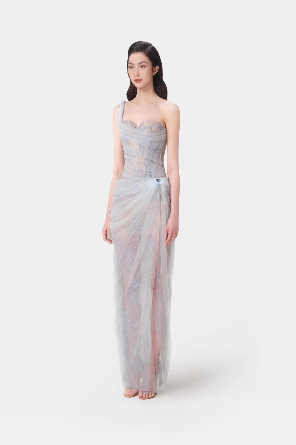 Robe bustier sophistiquée en dentelle corset avec maille transparente et taille haute – Robe midi trapèze élégante pour soirées et occasions spéciales_voghion.com