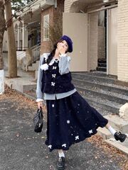 日系甜美娃娃领格子衬衫木耳边马甲半身裙2025春秋新款时尚套装女